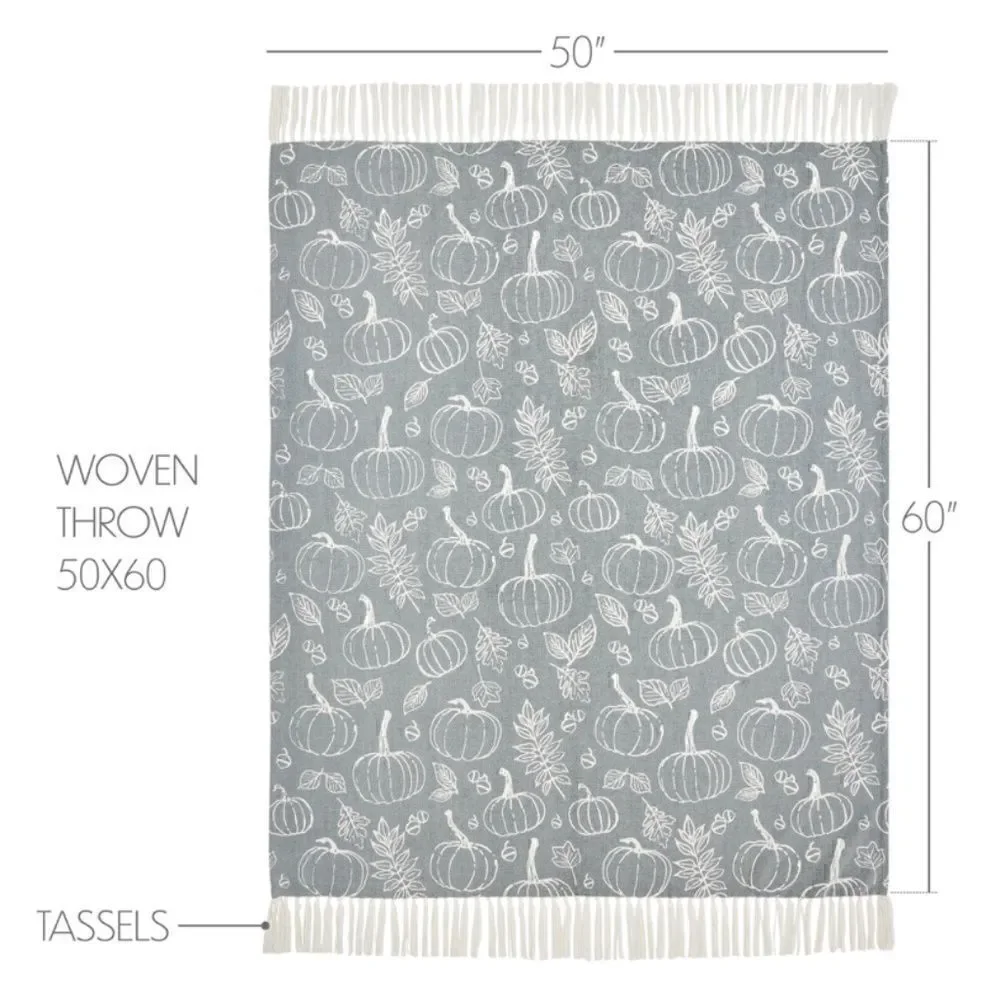 NEW! Harvest Pumpkin Gray Cotton Blend Woven Throw Blanket Tassels Autumn Fall
